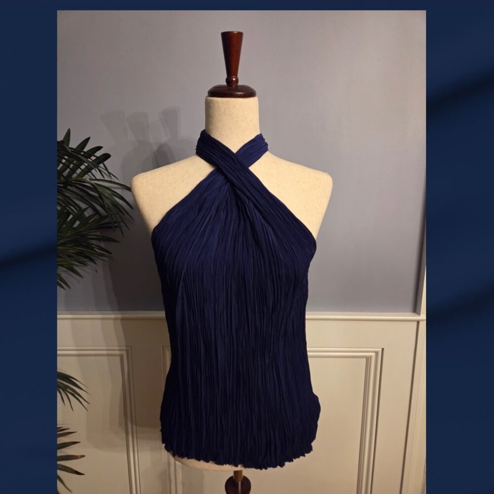 White House Black Market Navy Blue Crinkle halter top